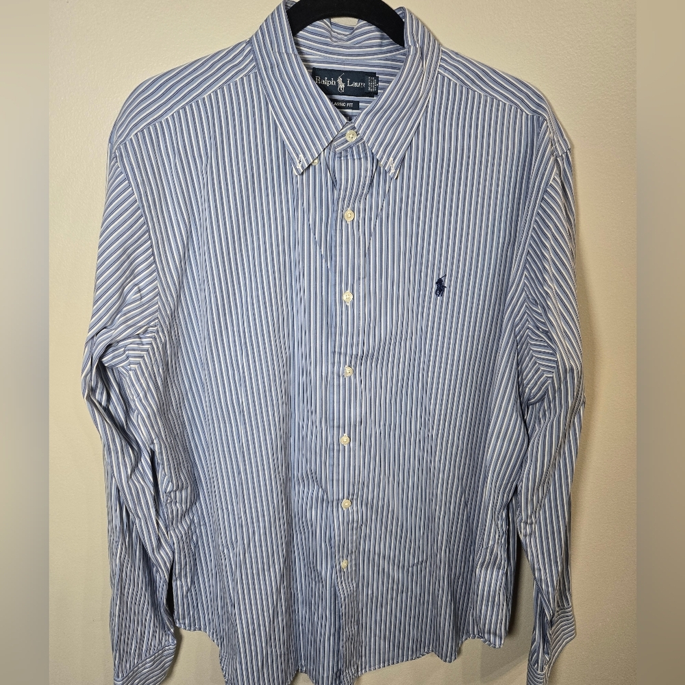 Ralph Lauren Blue and White Striped Dress Shirt Classic Fit Size XL 100% Cotton - Picture 9 of 13